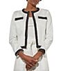 Color:White/Black - Image 4 - Stretch Tencel Blend Contrast Braid Trim Detail Bracelet Sleeve Open-Front Jacket