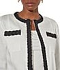 Color:White/Black - Image 6 - Stretch Tencel Blend Contrast Braid Trim Detail Bracelet Sleeve Open-Front Jacket