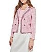 Color:Perfect Pink/Black - Image 1 - Stripe Tweed Eyelash Knit Notch Lapel Collar Long Sleeve Shoulder Pads Frayed Hem Faux Button Detail Blazer