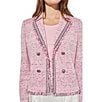 Color:Perfect Pink/Black - Image 4 - Stripe Tweed Eyelash Knit Notch Lapel Collar Long Sleeve Shoulder Pads Frayed Hem Faux Button Detail Blazer