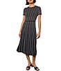 Color:Black/White - Image 1 - Striped Print Soft Knit Scoop Neck Short Sleeve A-Line Midi Dress