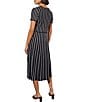 Color:Black/White - Image 2 - Striped Print Soft Knit Scoop Neck Short Sleeve A-Line Midi Dress