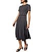 Color:Black/White - Image 3 - Striped Print Soft Knit Scoop Neck Short Sleeve A-Line Midi Dress