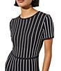 Color:Black/White - Image 4 - Striped Print Soft Knit Scoop Neck Short Sleeve A-Line Midi Dress