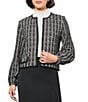 Color:Black/Ivory - Image 1 - Tweed Knit Printed Crew Neck Long Sleeve Contrast Trim Jacket
