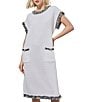 Color:White/Black - Image 4 - Tweed Knit Round Neck Short Sleeve Fringe Trim Shift Dress