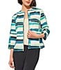 Color:Bermuda/Limonata/White/Black - Image 1 - Woven Abstract Print Round Neck 3/4 Sleeve Zip Front Jacket