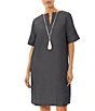 Color:Black/Mink - Image 1 - Woven Chambray Cotton Split V-Neck Short Sleeve Shift Dress