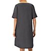 Color:Black/Mink - Image 2 - Woven Chambray Cotton Split V-Neck Short Sleeve Shift Dress