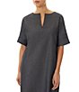 Color:Black/Mink - Image 4 - Woven Chambray Cotton Split V-Neck Short Sleeve Shift Dress