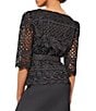 Color:Black - Image 2 - Woven Lace Square Neck Elbow-Length Sleeves Belted Jacket