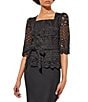 Color:Black - Image 3 - Woven Lace Square Neck Elbow-Length Sleeves Belted Jacket