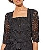 Color:Black - Image 5 - Woven Lace Square Neck Elbow-Length Sleeves Belted Jacket