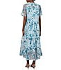 Color:Dew Blue/Multi - Image 2 - Woven Sheer Floral Print Split Round Neck Short Sleeve A-Line Tiered Maxi Dress