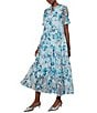 Color:Dew Blue/Multi - Image 3 - Woven Sheer Floral Print Split Round Neck Short Sleeve A-Line Tiered Maxi Dress