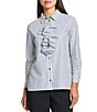 Ming Wang x Tanya Foster Cotton Pinstripe Point Collar Water Fall Long Sleeve Blouse, Color:White/Black - Image 1