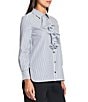 Ming Wang x Tanya Foster Cotton Pinstripe Point Collar Water Fall Long Sleeve Blouse, Color:White/Black - Image 3