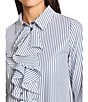Ming Wang x Tanya Foster Cotton Pinstripe Point Collar Water Fall Long Sleeve Blouse, Color:White/Black - Image 4