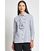Ming Wang x Tanya Foster Cotton Pinstripe Point Collar Water Fall Long Sleeve Blouse, Color:White/Black - Image 5