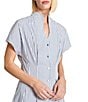 Ming Wang x Tanya Foster Cotton Pinstripe Stand Collar Short Sleeve Fit-And-Flare Dress, Color:White/Black - Image 4