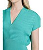 Ming Wang x Tanya Foster Ribbed Knit V-Neck Short Sleeve Fit-And-Flare Dress, Color:Emerald Awe - Image 4