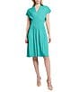 Ming Wang x Tanya Foster Ribbed Knit V-Neck Short Sleeve Fit-And-Flare Dress, Color:Emerald Awe - Image 1