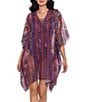 Color:Multi - Image 1 - Dynasty Print V-Neck Lace-Up Tassel Drop Shoulder Flutter Sleeve Caftan Swim Cover-Up