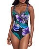 Color:Black/Multi - Image 1 - Flora Aura It's A Wrap Printed Surplice V-Neck Padded Straps Underwire One Piece Swimsuit