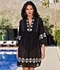 Color:Black/White - Image 3 - Shore Leave Embroidered V-Neck 3/4 Sleeve Cover-Up Beach Dress