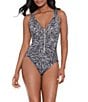 Color:Black/White - Image 1 - Shore Leave Printed Plunge V-Neck Front Zip Shaping One Piece Swimsuit