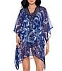 Color:Midnight - Image 1 - Tropica Toile Palm Print Lace-Up V-Neck Cover-Up Caftan