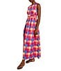 Color:Radiant Pink/Adriatic Blue/Parchment - Image 3 - Cotton-Blend Plaid Round Neckline Sleeveless Wrap Front Maxi A-Line Dress