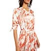 Color:Spice/Multi - Image 4 - Crepe de Chine Abstract Print V-Neck Elbow Tie Sleeve Belted A-Line Midi Dress