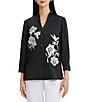 MISOOK Crepe de Chine Embroidered Mandarin Collar Bracelet Sleeve Button-Front Blouse - Image 1