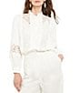 Color:White - Image 1 - Crepe de Chine Woven Band Collar Long Sleeve Lace Trim Detail Button-Front Blouse
