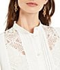 Color:White - Image 4 - Crepe de Chine Woven Band Collar Long Sleeve Lace Trim Detail Button-Front Blouse
