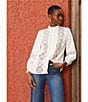 Color:White - Image 5 - Crepe de Chine Woven Band Collar Long Sleeve Lace Trim Detail Button-Front Blouse