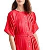 Color:Radiant Pink - Image 4 - Pleated Woven Round Neck Short Dolman Sleeve Midi Shirt Dress