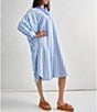 Color:Adriatic Blue/White - Image 3 - Point Collar Long Sleeve Oversized Button Front Midi Shirt Dress