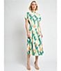 MISOOK Printed Crepe De Chine Mandarin Collar Short Sleeve Fit And Flare Maxi Dress, Color:Paradise Green/Multi - Image 5