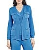 Color:Adriatic Blue - Image 1 - Ribbed Knit Metallic Accent Flap Pocket Open Neck Long Sleeve Tailored Jacket