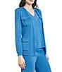Color:Adriatic Blue - Image 3 - Ribbed Knit Metallic Accent Flap Pocket Open Neck Long Sleeve Coordinating Tailored Jacket