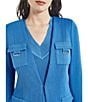 Color:Adriatic Blue - Image 4 - Ribbed Knit Metallic Accent Flap Pocket Open Neck Long Sleeve Coordinating Tailored Jacket
