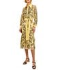 Color:Pale Gold/Black - Image 1 - Sheer Woven Applique Pattern Point Collar Long Sleeve Belted Midi Shirt Dress