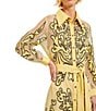 Color:Pale Gold/Black - Image 4 - Sheer Woven Applique Pattern Point Collar Long Sleeve Belted Midi Shirt Dress