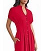 MISOOK Stand Collar V-Neck Short Dolman Sleeve Button Front Midi Shirt Dress, Color:Scarlet Red - Image 4