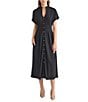MISOOK Stand Collar V-Neck Short Dolman Sleeve Button Front Midi Shirt Dress, Color:Black - Image 1