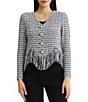MISOOK Tweed Knit Striped V-Neck Long Sleeve Chevron Fringe Trim Button-Front Jacket - Image 1