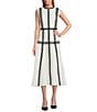 MISOOK Woven Eyelet Lace Contrast Trim Round Neck Sleeveless Fit And Flare Maxi Dress, Color:White/Black - Image 1