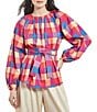 Color:Radiant Pink/Adriatic Blue/Parchment - Image 1 - Woven Plaid Print Round Neck Long Sleeve Belted Blouse
